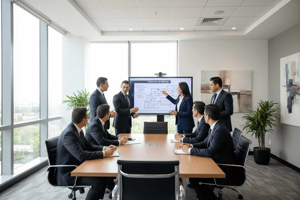Equipo de abogados y contadores en reunión estratégica
